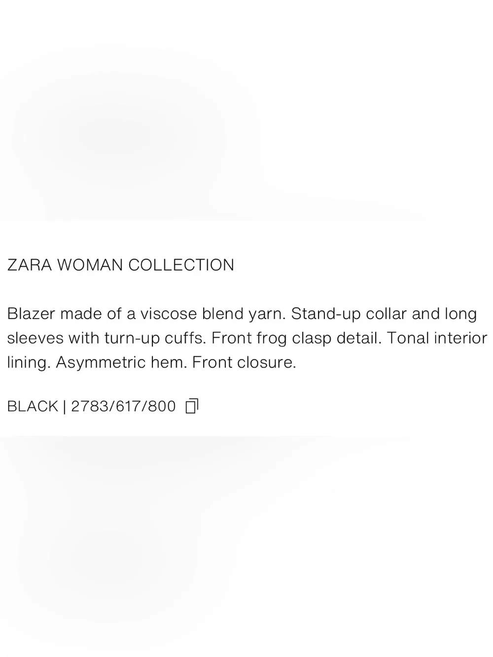 Zara ZW Collection Frog Clasp Blazer in black, featuring a high stand-up collar